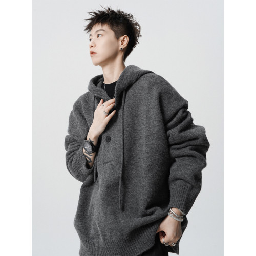 高街純色連帽針織衫男款冬季美式cleanfit連帽衛衣高級感痞帥毛衣