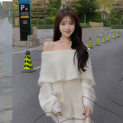 慵懶風一字肩毛衣針織衫女秋冬設計感中長款寬松百搭外穿長袖上衣