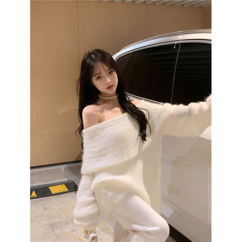 慵懶風一字肩毛衣針織衫女秋冬設計感中長款寬松百搭外穿長袖上衣 慵懶風一字肩毛衣針織衫女秋冬設計感中長款寬松百搭外穿長袖上衣