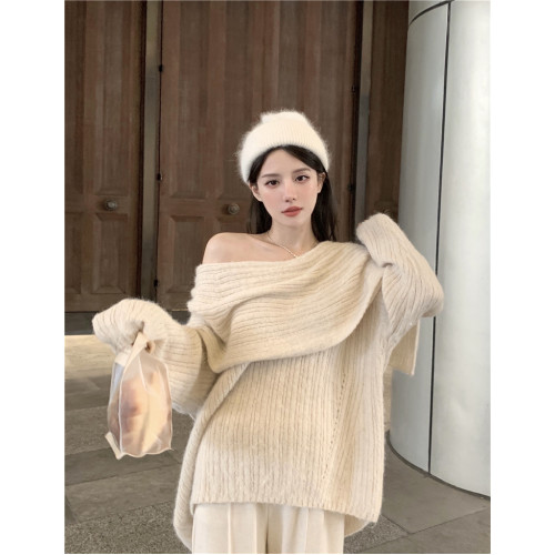 慵懶風一字肩毛衣針織衫女秋冬設計感中長款寬松百搭外穿長袖上衣 慵懶風一字肩毛衣針織衫女秋冬設計感中長款寬松百搭外穿長袖上衣