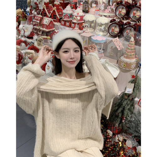 慵懶風一字肩毛衣針織衫女秋冬設計感中長款寬松百搭外穿長袖上衣 慵懶風一字肩毛衣針織衫女秋冬設計感中長款寬松百搭外穿長袖上衣