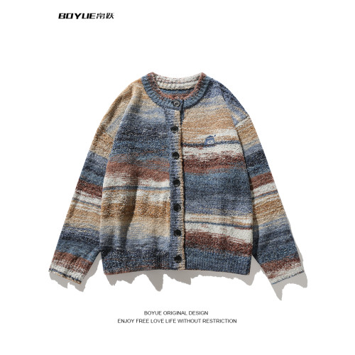 BOYUE帛躍撞色條紋開衫毛衣國潮秋冬復古油畫漸變慵懶男女外套潮