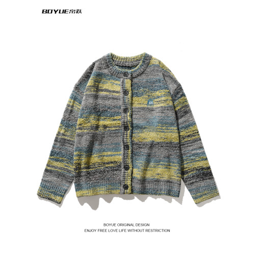 BOYUE帛躍撞色條紋開衫毛衣國潮秋冬復古油畫漸變慵懶男女外套潮