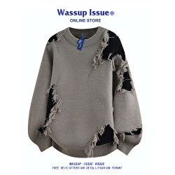 WASSUP ISSUE美式圓領針織衫男秋冬季潮牌慵懶風情侶毛衣外套男款