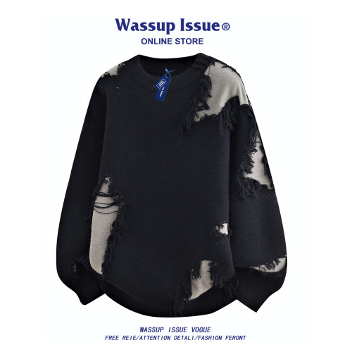 WASSUP ISSUE美式圓領針織衫男秋冬季潮牌慵懶風情侶毛衣外套男款