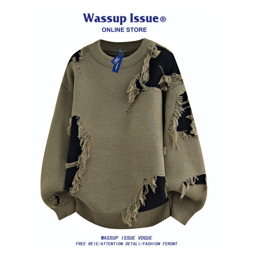 WASSUP ISSUE美式圓領針織衫男秋冬季潮牌慵懶風情侶毛衣外套男款