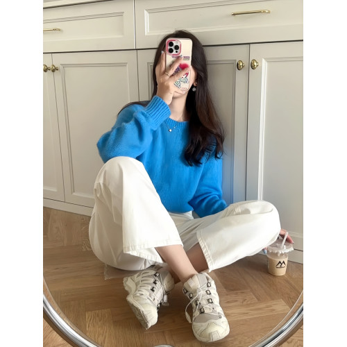 多巴胺藍色圓領套頭針織衫軟糯毛衣秋冬質感穿搭女2025新款上衣 多巴胺藍色圓領套頭針織衫軟糯毛衣秋冬質感穿搭女2025新款上衣