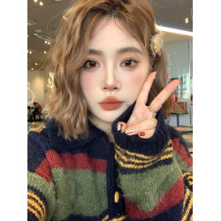 oversize！慵懶風條紋polo領毛衣女秋冬新款寬松加厚中長款針織衫