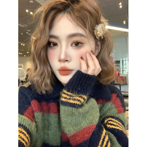 oversize!慵懶風條紋polo領毛衣女秋冬新款寬松加厚中長款針織衫 oversize!慵懶風條紋polo領毛衣女秋冬新款寬松加厚中長款針織衫