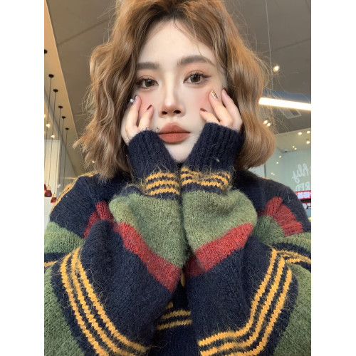 oversize!慵懶風條紋polo領毛衣女秋冬新款寬松加厚中長款針織衫 oversize!慵懶風條紋polo領毛衣女秋冬新款寬松加厚中長款針織衫