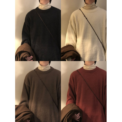 NAGAWL冬季美式復古慵懶風咖色百搭針織衫打底衫圓領內搭毛衣男女