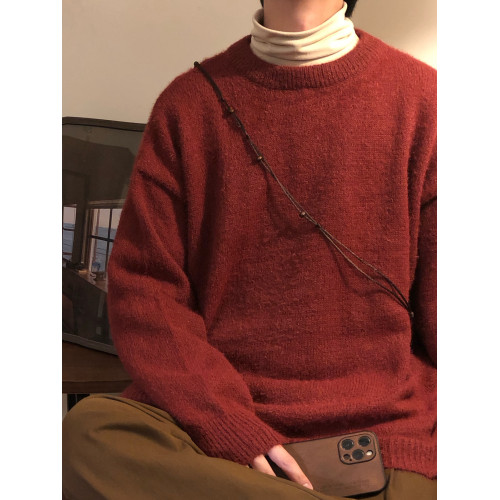 NAGAWL冬季美式復古慵懶風咖色百搭針織衫打底衫圓領內搭毛衣男女