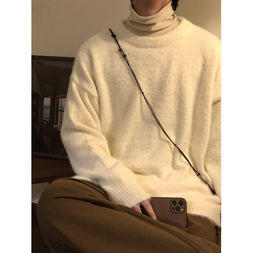 NAGAWL冬季美式復古慵懶風咖色百搭針織衫打底衫圓領內搭毛衣男女