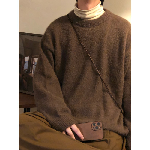 NAGAWL冬季美式復古慵懶風咖色百搭針織衫打底衫圓領內搭毛衣男女