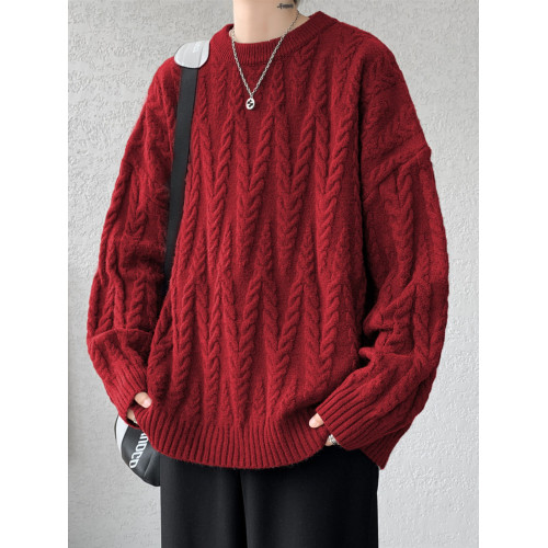 ins麻花紋理感套頭毛衣男秋冬季加肥加大碼潮胖人寬松痞帥針織衫