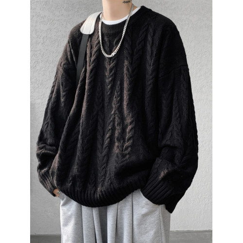 ins麻花紋理感套頭毛衣男秋冬季加肥加大碼潮胖人寬松痞帥針織衫