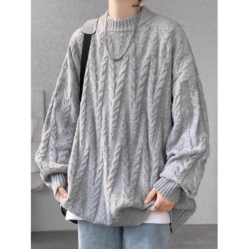 ins麻花紋理感套頭毛衣男秋冬季加肥加大碼潮胖人寬松痞帥針織衫