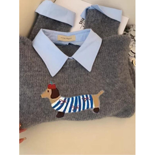 設計感小狗卡通軟糯灰色假兩件襯衫領針織衫女上衣2025秋新款毛衣 設計感小狗卡通軟糯灰色假兩件襯衫領針織衫女上衣2025秋新款毛衣