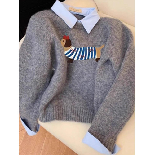 設計感小狗卡通軟糯灰色假兩件襯衫領針織衫女上衣2025秋新款毛衣 設計感小狗卡通軟糯灰色假兩件襯衫領針織衫女上衣2025秋新款毛衣