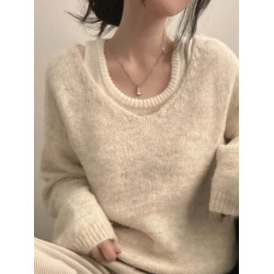 韓國ins春季簡約慵懶風內搭曡穿針織背心+軟糯寬松長袖毛衣兩件套