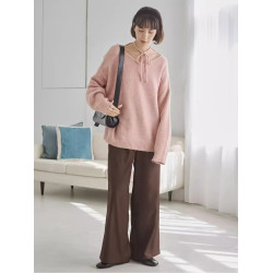 A 慵懶風 含羊毛 後背系帶蝴蝶結 柔軟寬松v領長袖套頭毛衣女上衣