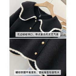 小香風黑色毛衣女秋冬季2025新款娃娃領小個子短款厚針織開衫外套