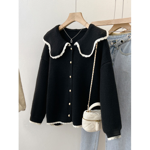 小香風黑色毛衣女秋冬季2025新款娃娃領小個子短款厚針織開衫外套 小香風黑色毛衣女秋冬季2025新款娃娃領小個子短款厚針織開衫外套