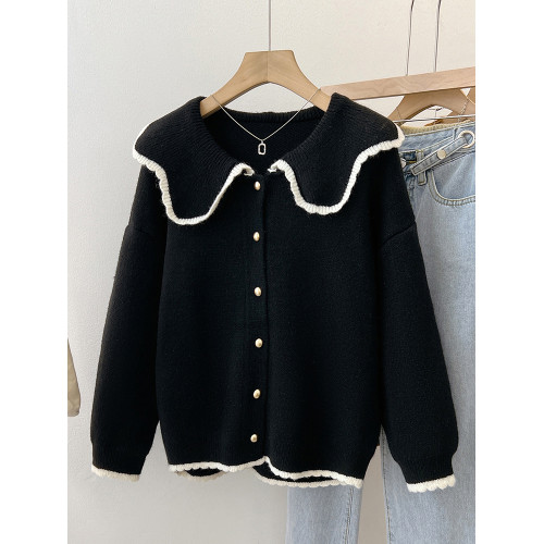 小香風黑色毛衣女秋冬季2025新款娃娃領小個子短款厚針織開衫外套 小香風黑色毛衣女秋冬季2025新款娃娃領小個子短款厚針織開衫外套