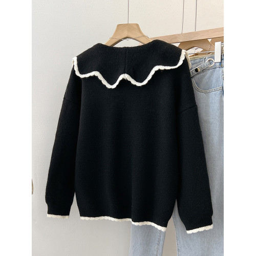 小香風黑色毛衣女秋冬季2025新款娃娃領小個子短款厚針織開衫外套 小香風黑色毛衣女秋冬季2025新款娃娃領小個子短款厚針織開衫外套