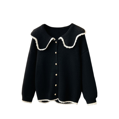 小香風黑色毛衣女秋冬季2025新款娃娃領小個子短款厚針織開衫外套 小香風黑色毛衣女秋冬季2025新款娃娃領小個子短款厚針織開衫外套