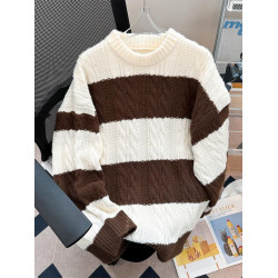 秋冬加厚條紋拼色毛衣男圓領套頭休閒潮牌痞帥日系復古港風針織衫