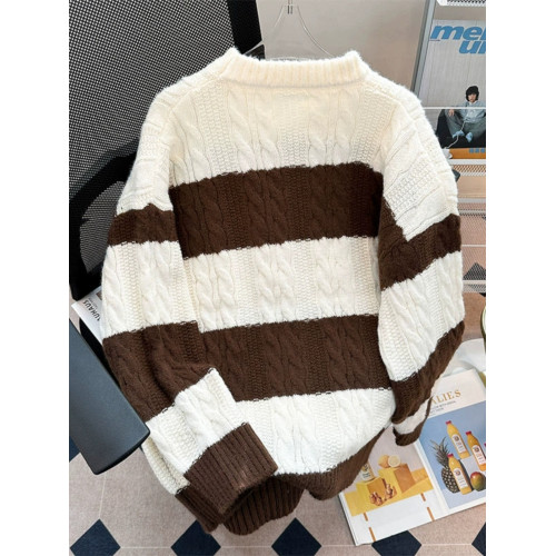 秋冬加厚條紋拼色毛衣男圓領套頭休閒潮牌痞帥日系復古港風針織衫