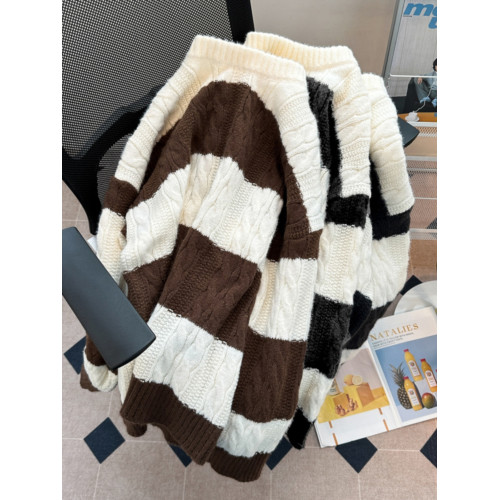 秋冬加厚條紋拼色毛衣男圓領套頭休閒潮牌痞帥日系復古港風針織衫