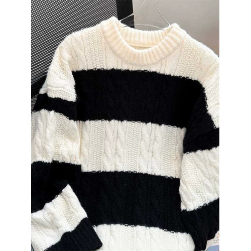 秋冬加厚條紋拼色毛衣男圓領套頭休閒潮牌痞帥日系復古港風針織衫