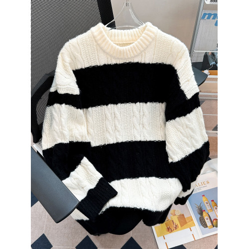 秋冬加厚條紋拼色毛衣男圓領套頭休閒潮牌痞帥日系復古港風針織衫