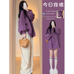 紫色加厚麻花毛衣女秋冬寬松外穿慵懶風2025新款高級感針織衫上衣