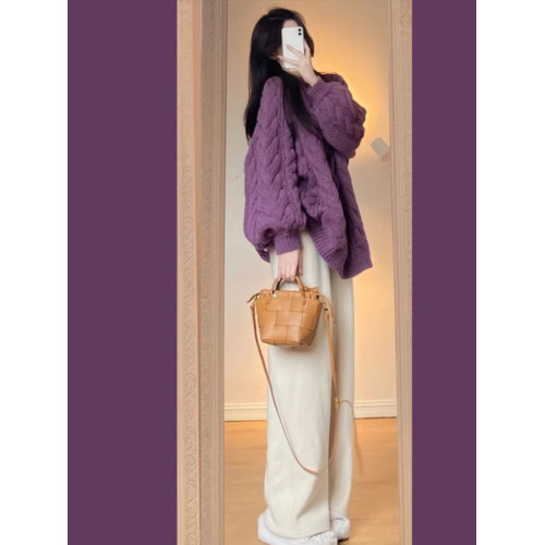 紫色加厚麻花毛衣女秋冬寬松外穿慵懶風2025新款高級感針織衫上衣 紫色加厚麻花毛衣女秋冬寬松外穿慵懶風2025新款高級感針織衫上衣