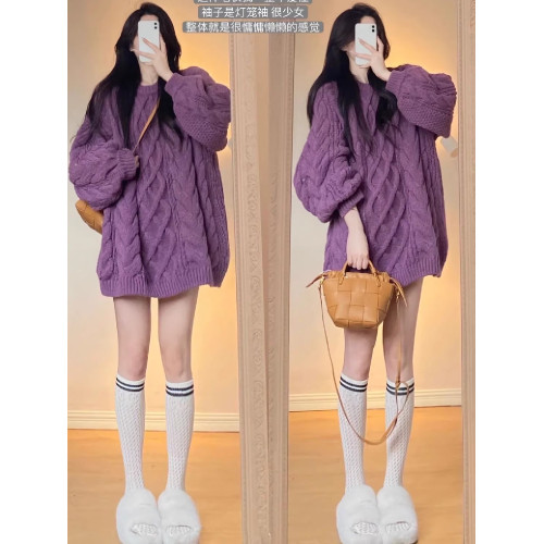 紫色加厚麻花毛衣女秋冬寬松外穿慵懶風2025新款高級感針織衫上衣 紫色加厚麻花毛衣女秋冬寬松外穿慵懶風2025新款高級感針織衫上衣
