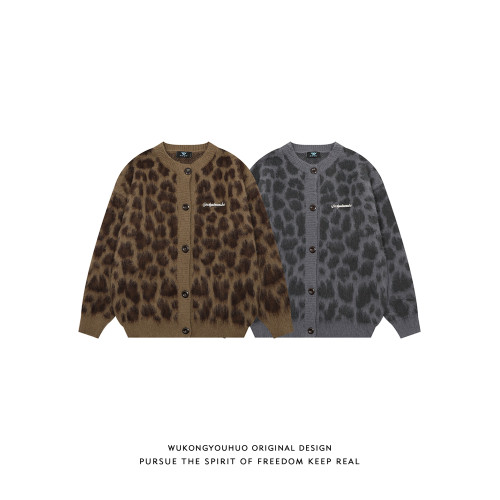 悟空有貨復古美式豹紋提花馬海毛開衫毛衣男女秋冬慵懶針織衫外套