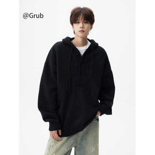 美式重磅連帽毛衣男冬潮牌設計感情侶針織衫灰色寬松百搭慵懶外套