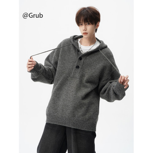 美式重磅連帽毛衣男冬潮牌設計感情侶針織衫灰色寬松百搭慵懶外套