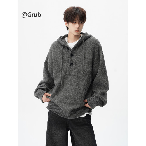 美式重磅連帽毛衣男冬潮牌設計感情侶針織衫灰色寬松百搭慵懶外套