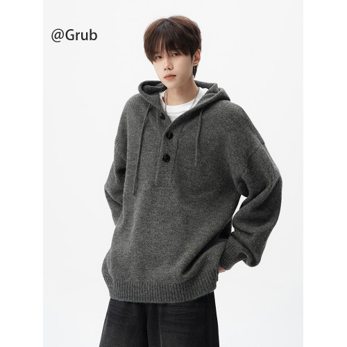 美式重磅連帽毛衣男冬潮牌設計感情侶針織衫灰色寬松百搭慵懶外套