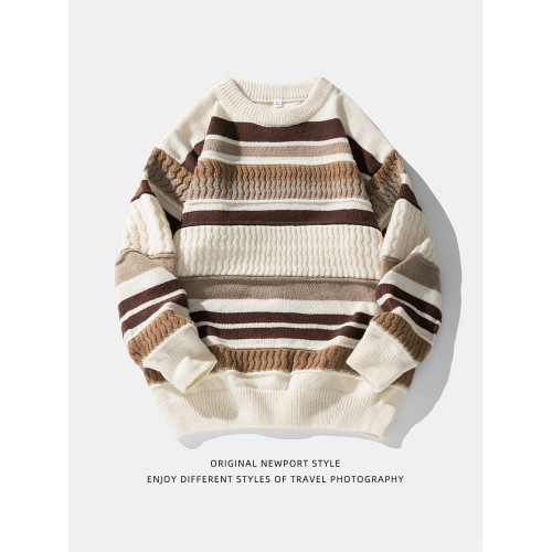 秋冬慵懶條紋撞色毛衣冬季山系休閒寬松暖男秋裝復古保暖針織衫男