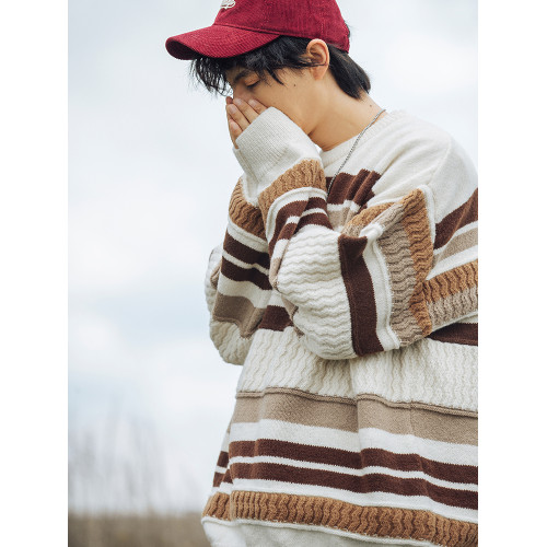 秋冬慵懶條紋撞色毛衣冬季山系休閒寬松暖男秋裝復古保暖針織衫男