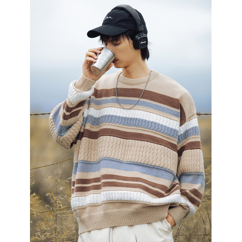 秋冬慵懶條紋撞色毛衣冬季山系休閒寬松暖男秋裝復古保暖針織衫男