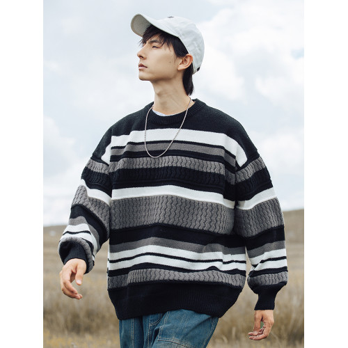 秋冬慵懶條紋撞色毛衣冬季山系休閒寬松暖男秋裝復古保暖針織衫男