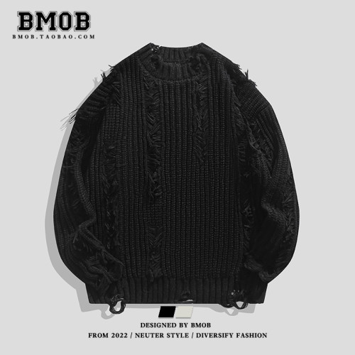 BMOB美式高街小衆破壞設計感針織衫秋季oversize男女痞帥毛衣外套