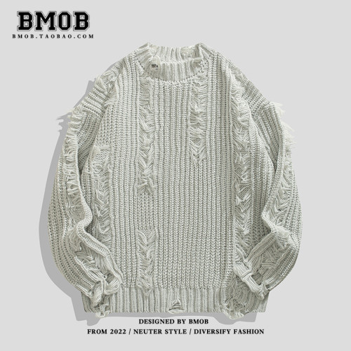 BMOB美式高街小衆破壞設計感針織衫秋季oversize男女痞帥毛衣外套