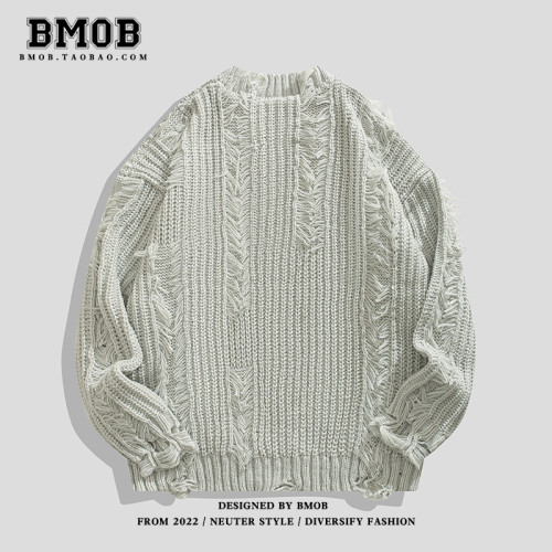 BMOB美式高街小衆破壞設計感針織衫秋季oversize男女痞帥毛衣外套